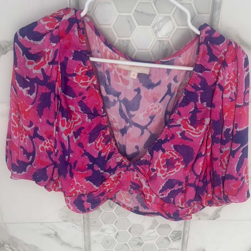 Rococo Sand Pink and Purple Flutter Sleeve Crop Blouse